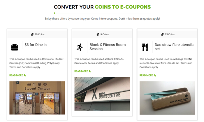 Redeeming e-coupons for different rewards with GreenCoin