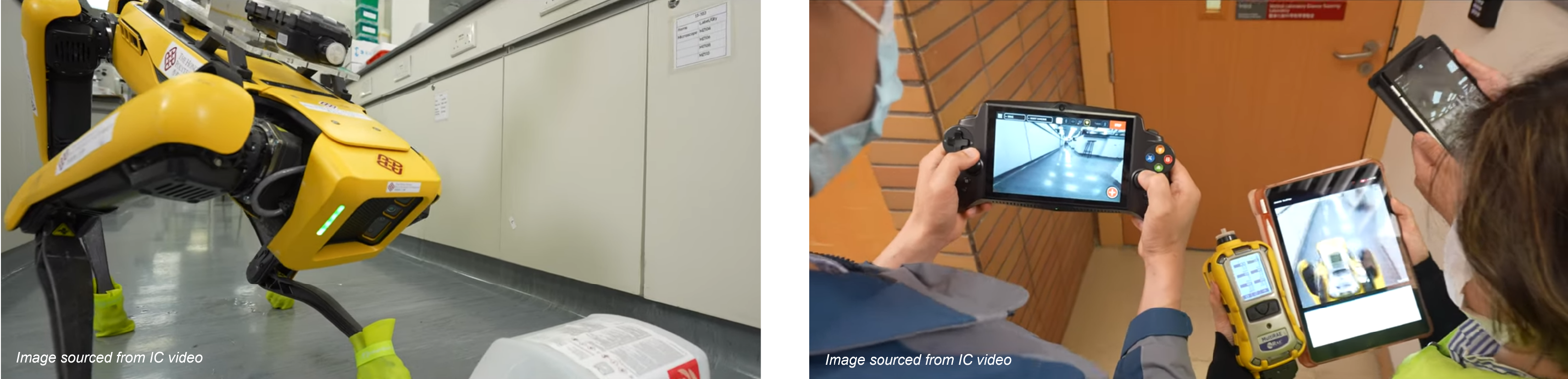 AI-powered legged robot conducting a chemical leakage inspection in a laboratory setting (left) and inspectors obtain data from the advanced sensors and AI-enabled cameras installed on the robot (right) (Images sourced from IC video)