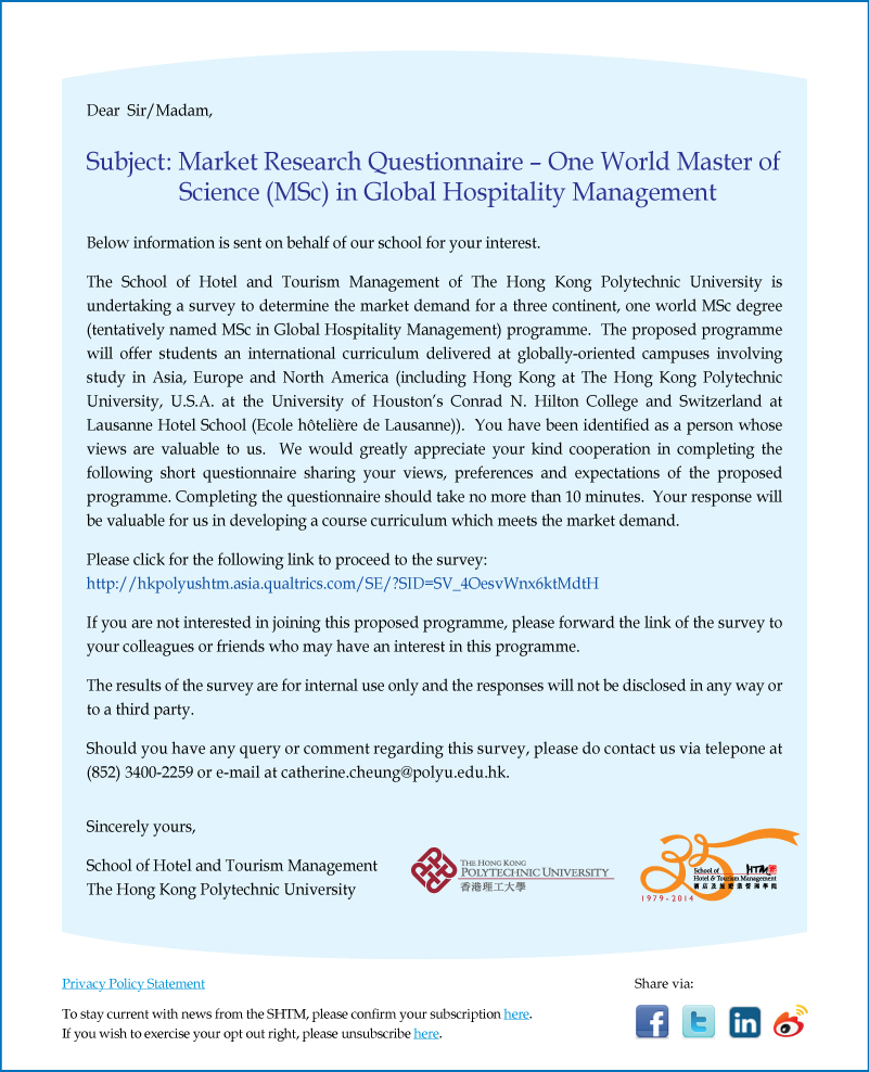 Master Research Questionnaire Market Research Questionnaire - One World Master of Science (MSc) in ...