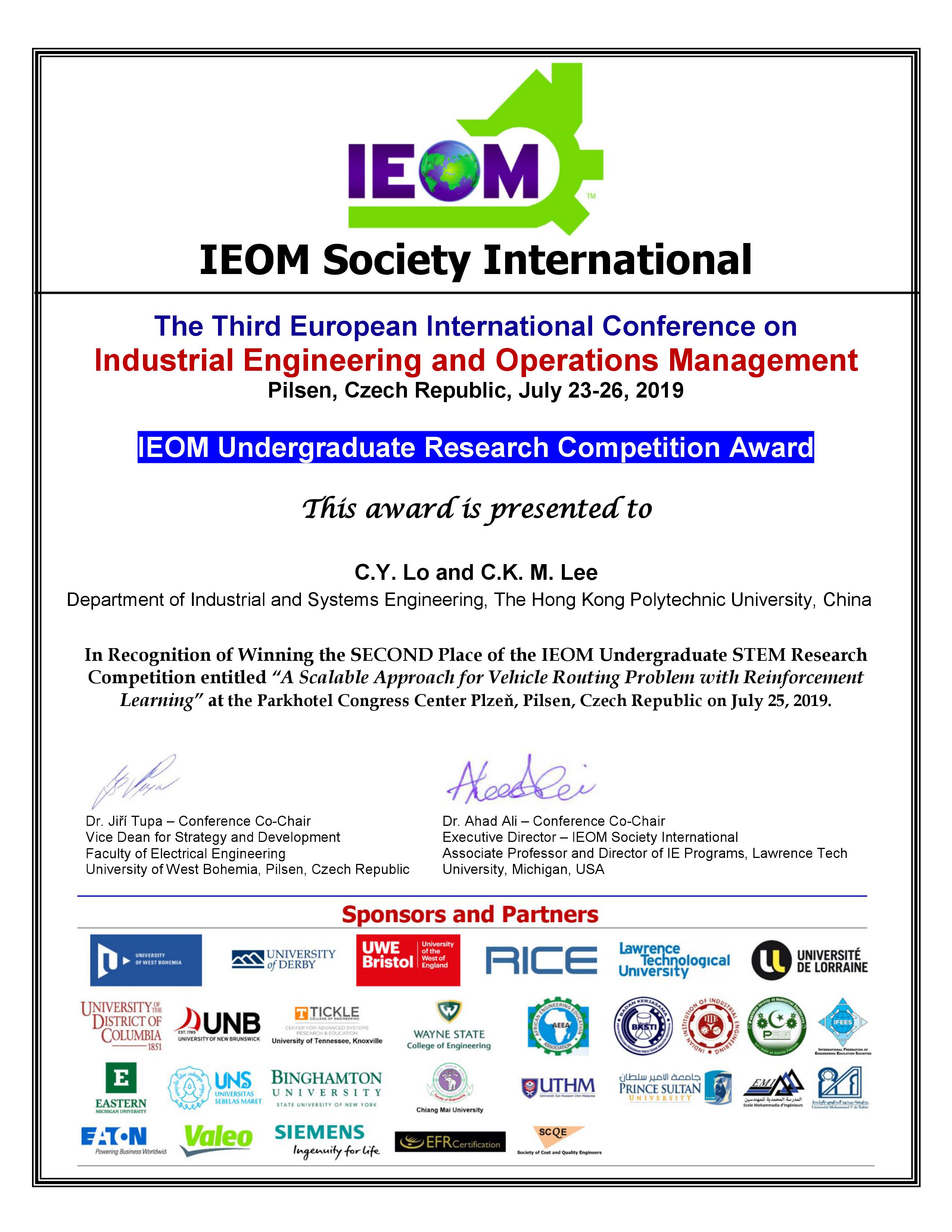 ISE student won the second place of the IEOM Undergraduate Research ...