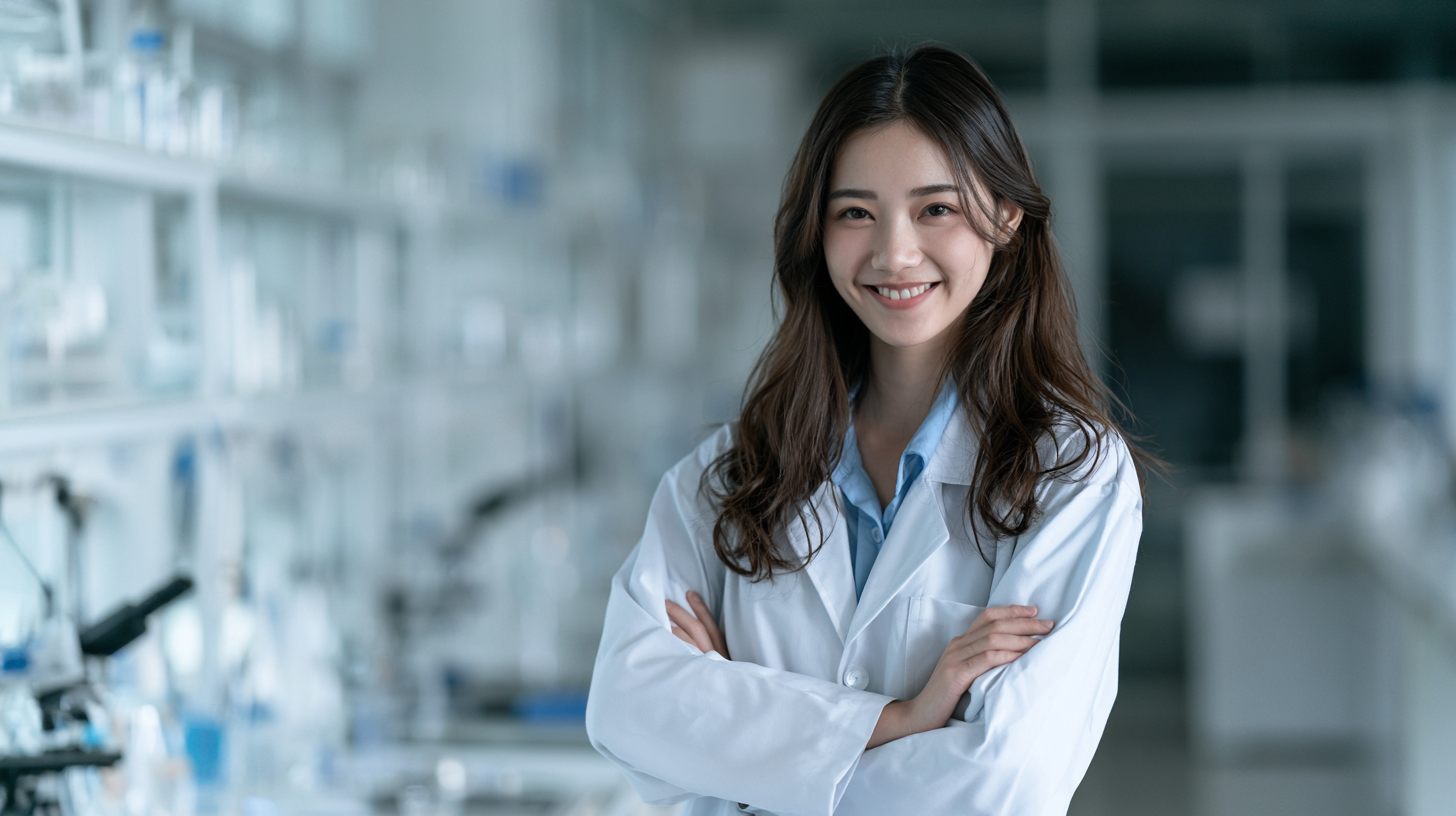 A scientist in a lab coat standing in a bright research laboratory