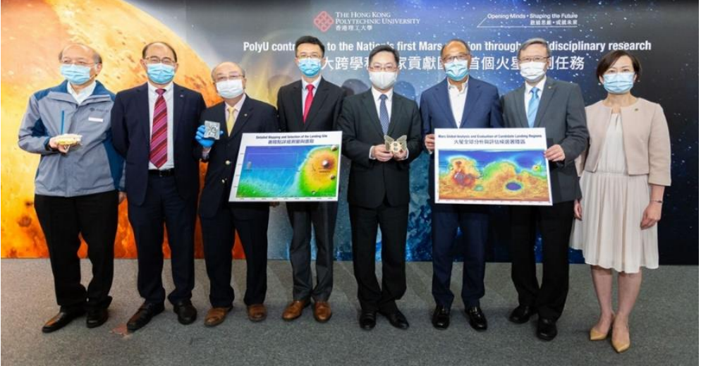 Attending the press briefing were (from left) Dr Robert Tam, Associate Director of Industrial Centre, PolyU; Prof. Wing-tak Wong, Deputy President and Provost, PolyU; Prof. Yung Kai-leung, Department of Industrial and Systems Engineering, PolyU; Prof. Wu Bo, Department of Land Surveying and Geo-Informatics, PolyU; Mr Alfred Sit Wing-hang, Secretary for Innovation and Technology, HKSAR Government; Dr Lam Tai-fai, Chairman of Council, PolyU; Prof. Jin-Guang Teng, President, PolyU; and Dr Miranda Lou, Executive Vice President, PolyU.