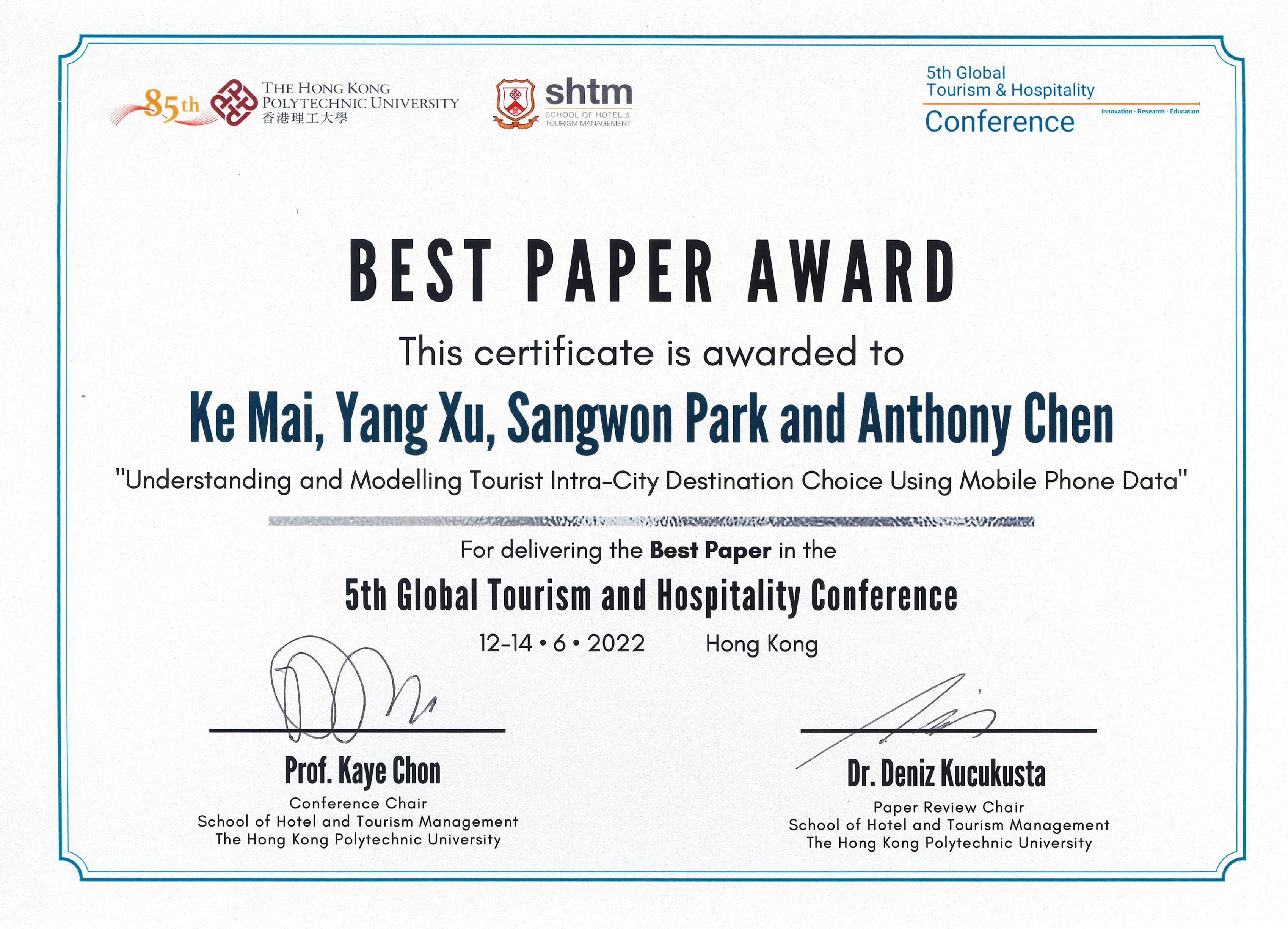 Best Paper Award certificate