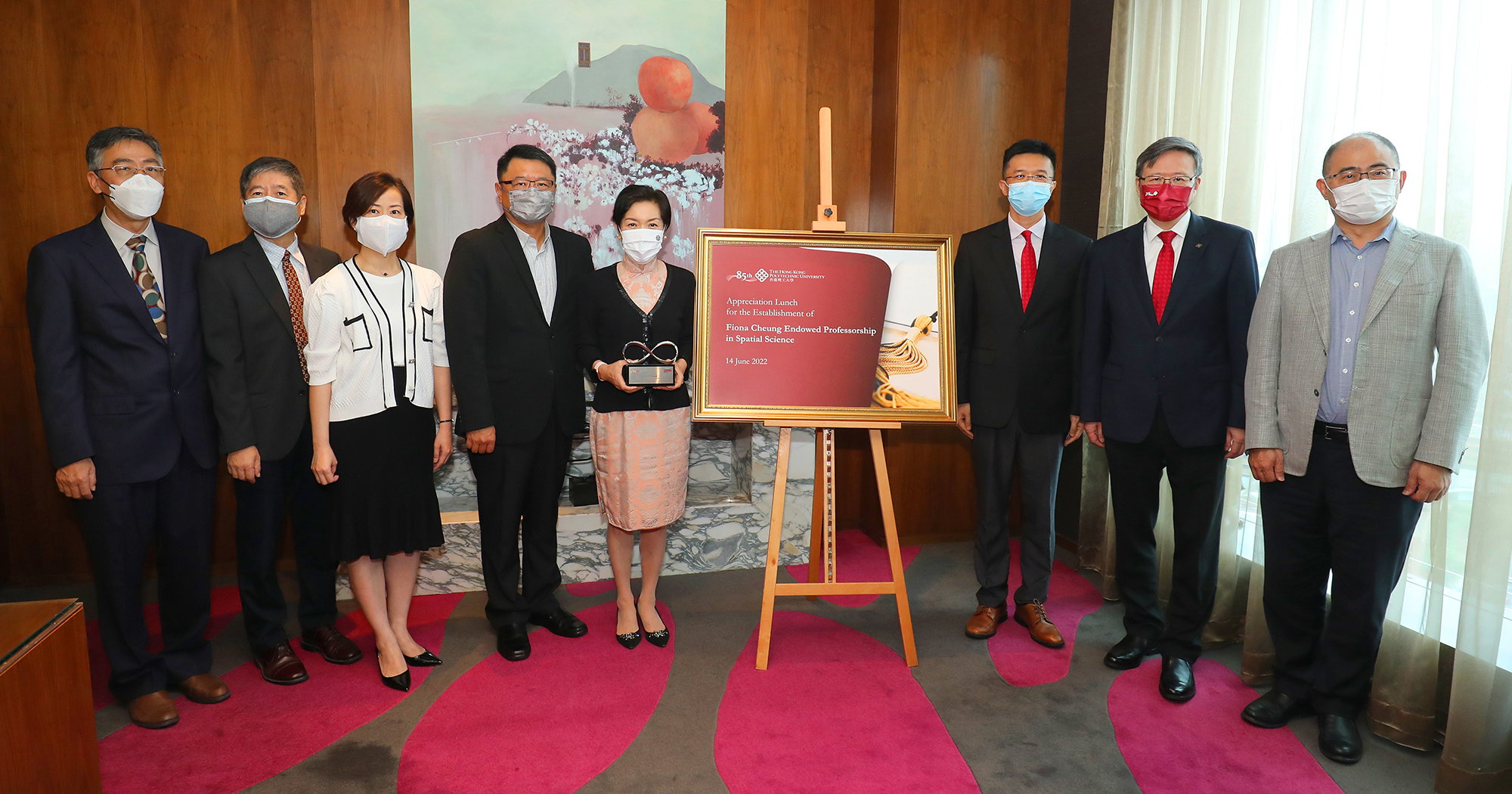 (From left to right) PolyU Head of Department of Land Surveying and Geo-Informatics Prof. Wu Chen, PolyU Dean of Faculty of Construction and Environment Prof. Li Xiangdong, Executive Vice President of PolyU Dr Miranda Lou, Chairman of the PolyU Foundation Dr Sunny Chai, Chairman of Forest Zone Limited Ms Fiona Cheung, Fiona Cheung Professor in Spatial Science Prof. Wu Bo, President of PolyU Prof. Jin-Guang Teng, Deputy President and Provost of PolyU Prof. Wing-tak Wong