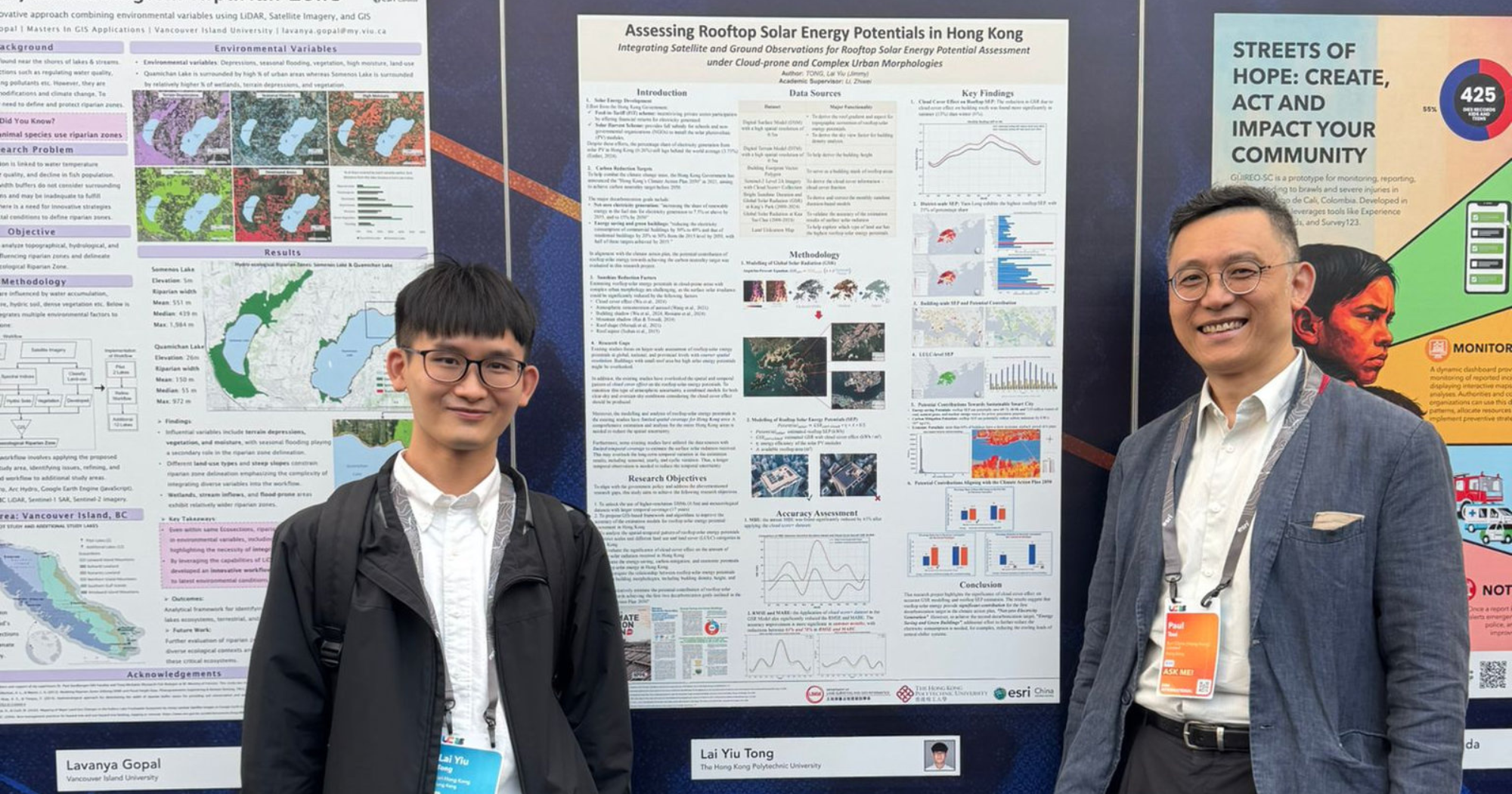 Mr. Tong Lai Yiu Jimmy (left), the champion of Esri Young Scholars Award 2025 showcased his award-winning project at the Map Gallery and Sr Professor Paul Tsui (right), Chief Executive Officer of Esri China (Hong Kong), congratulated him for his success.