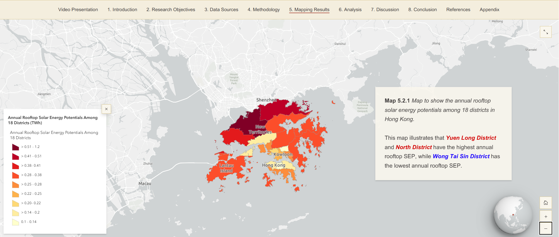 Map to show the annual rooftop solar energy potentials among districts in Hong Kong.