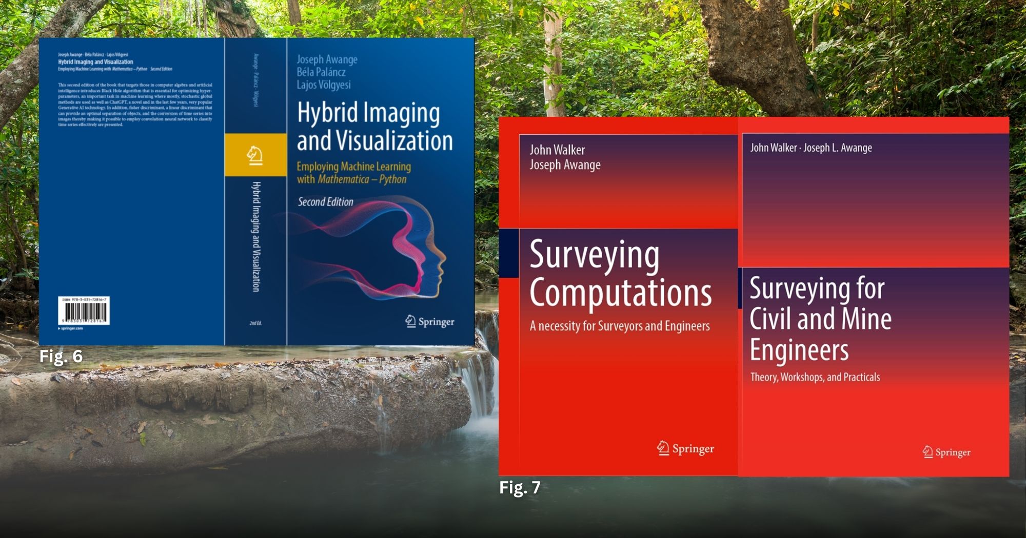 Fig. 6: Prof. Joseph AWANGE utilizes advanced AI and Mathematical tools, as featured in his 2025 book Hybrid Imaging and Visualization, to transform complex global hydroclimate data into actionable insights for managing Earth's water resources. Fig. 7: Prof. AWANGE's textbooks, Engineering Surveying and Surveying Computations, provide a systematic, project-based foundation that bridges the gap between engineering and surveying through rigorous computational techniques and real-world applications.