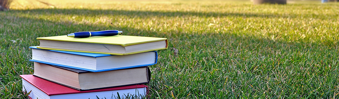 a pile of books on lawn