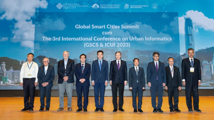 The GSCS & ICUI 2023 Opening Ceremony was attended by: (from left) Prof. Gong Peng, Vice President and Pro-Vice Chancellor of The University of Hong Kong; Prof. Michael Batty, Fellow of the British Academy and the Royal Society; Prof. Michael Goodchild, Member of the National Academy of Sciences; Prof. John Shi Wenzhong, Director of SCRI and President of ISUI; Prof. Sun Dong, Secretary for Innovation, Technology and Industry, HKSAR Government; Prof. Jin-Guang Teng, PolyU President; Mr Tony Wong, Government Chief Information Officer; Prof. Christopher Chao, PolyU Vice President (Research and Innovation); Dr Otto Poon, Founder of the Otto Poon Charitable Foundation; and Prof. Chen Qingyan, Director of the PolyU Academy for Interdisciplinary Research.