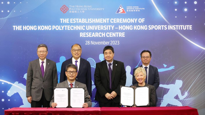The MoU was signed by Prof. Christopher Chao, Vice President (Research and Innovation) of PolyU (front row, left), and Dr Trisha Leahy, Chief Executive of the HKSI (front row, right), officially establishing the 'PolyU–HKSI Research Centre.' The signing ceremony was attended by Dr Lam Tai-fai, Council Chairman of PolyU (back row, second from left); Prof. Jin-Guang Teng, President (back row, first from left); as well as HKSI representatives, including Mr Tony Choi, Chief Executive Designate (back row, second from right), and Dr Raymond So, Director of Elite Training Science & Technology (back row, first from right).