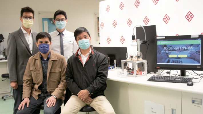 (Front row, from right) Dr C. L. Mak, Dr C. W. Leung, (back row, from right) Dr K. L. Jim and Dr S. H. Choy developed the “Borderless lab 365” which enhances STEM learning for students.