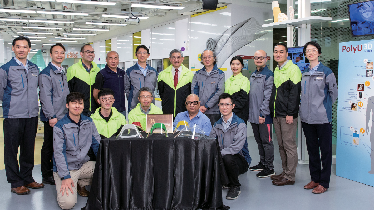 The U3DP and IC team, under the leadership of Professor H. C. Man (back row, middle), quickly designed and produced
eye visors and face shields to help the community combat COVID-19.