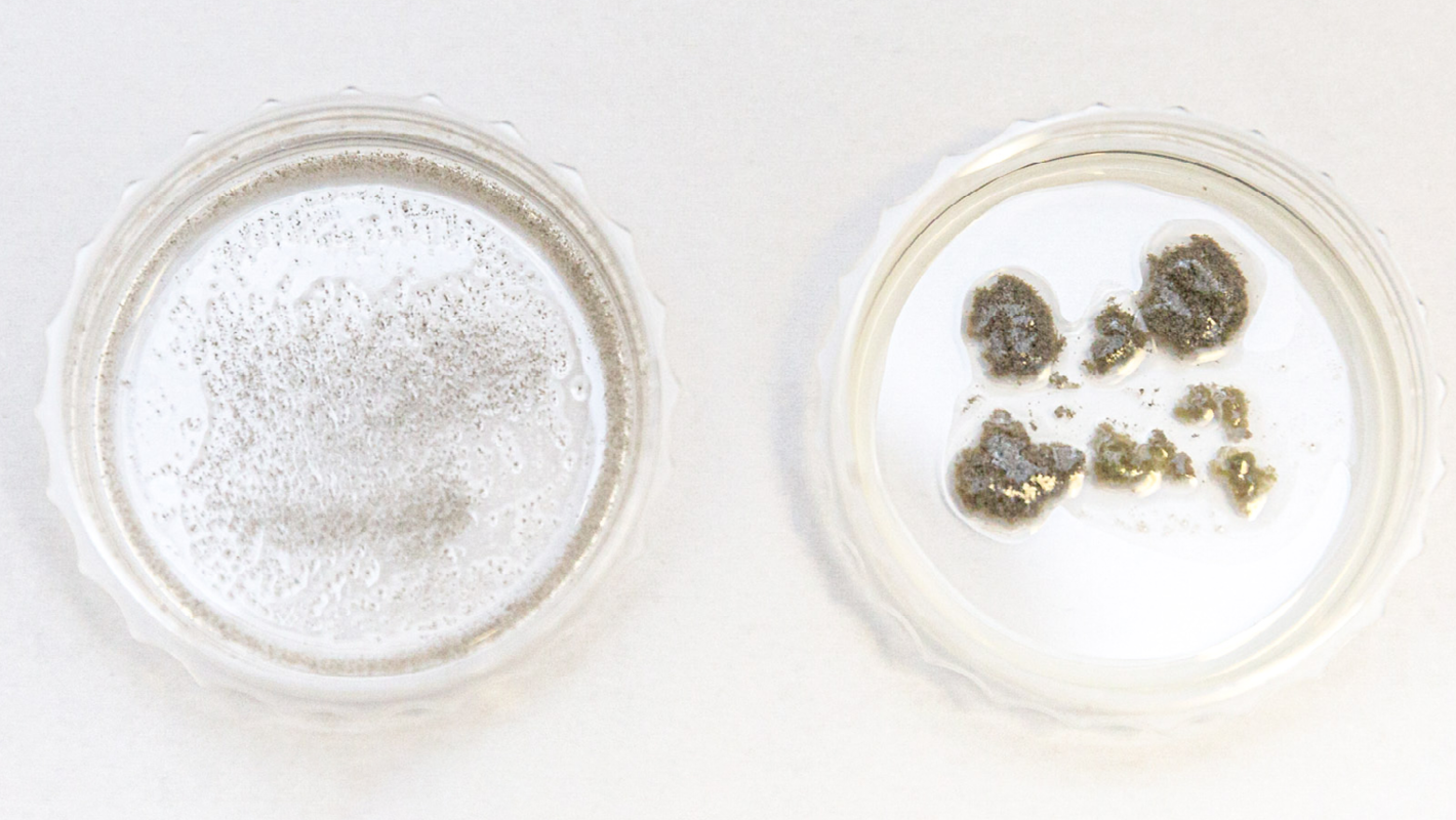 Left: A sample of microplastics <br/> Right: Bacteria cause the microplastics to accumulate gradually to form a bulk and sink to the bottom