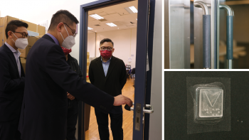 The research team has produced doorknob covers and liftbuttons. As the disinfection components of the material areembedded in the products rather than coated on the surface,daily cleaning with disinfectants such as bleach does notcompromise its anti-virus performance.