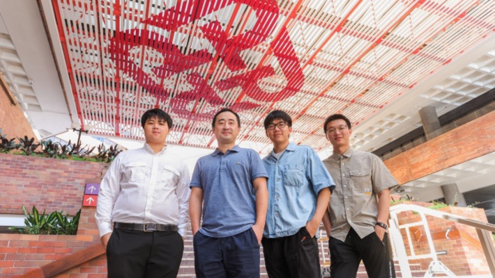 Polynomials demonstrated their multidisciplinary knowledge, outstanding performance, and seamless teamwork along their journey to glory. From left: Tang Man-kit, Dr Xu Yang, Feng Yunlin and Zhong Xiuming.