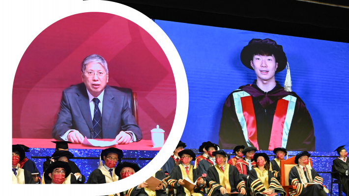 Two Honorary Doctorates were conferred upon (in alphabetical order of last name) Mr Cheung Ka-long, Gold medallist in the Men’s Foil Individual at the Tokyo 2020 Olympics (right) and Prof. Yang Mengfei, Researcher at the China Academy of Space Technology (left).