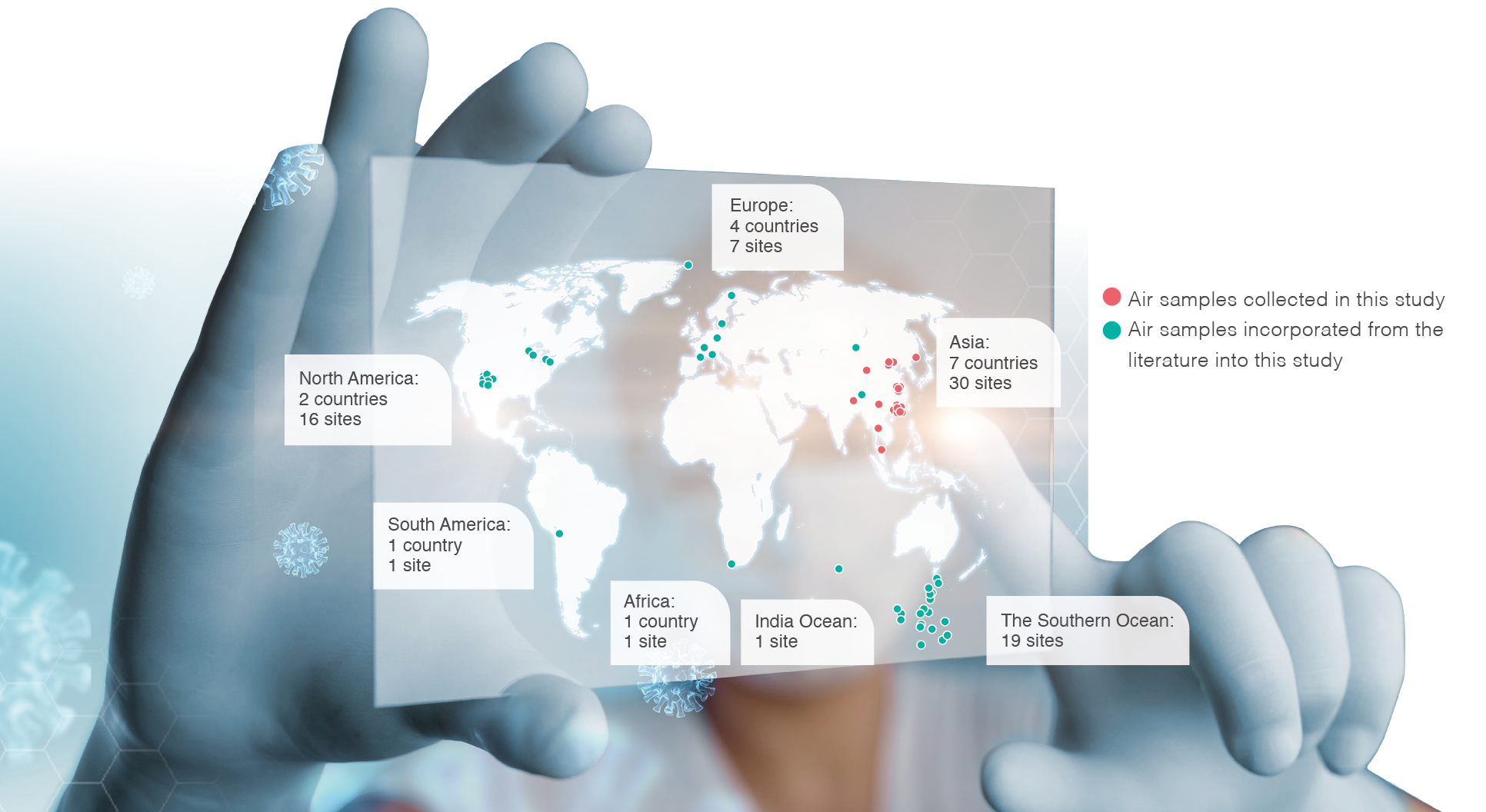 Locations across the globe from which air samples and environmental data were collected.