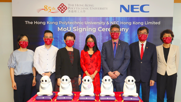 At the signing ceremony were: Prof. Christopher Chao, Vice President (Research and Innovation) (third from right); Ms Elsa Wong, Managing Director of NECHK (centre); Prof. David Shum, Dean of Faculty of Health and Social Sciences (second from right); and Prof. Angela Chan, Interim Head of School of Nursing (SN) (right); and Prof. Angela Leung, Associate Head (Research) of SN (third from left).