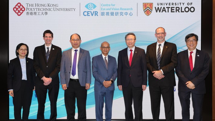 Prof. Jin-Guang Teng, President of PolyU (third from right); Prof. Wing-tak Wong, Deputy President and Provost (third from left); Prof. David Shum, Dean of Faculty of Health and Social Sciences (first from right); Prof. Christina Wong, Director of Research and Innovation (first from left); and Professor Ben Thompson, CEVR CEO & Scientific Director (second from left) welcome The University of Waterloo delegation including Prof. Vivek Goel, President and Vice-Chancellor (centre); and Prof. Bob Lemieux, Dean of Science (second from right) at CEVR.