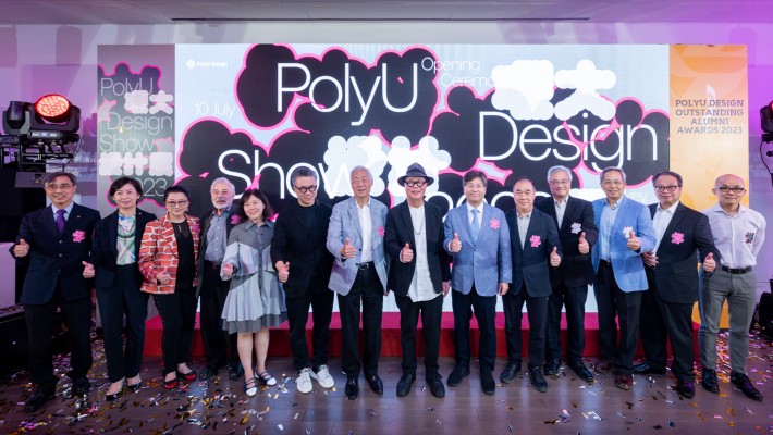 Dr Lawrence Li, Deputy Council Chairman (seventh from left); Prof. Eric Yim, Court Member and Advisory Committee Chairman of School of Design (sixth from left); Dr Miranda Lou, Executive Vice President (second from left); Prof. Kwok-yin Wong, Vice President (Education) (first from left); Mr Simon Wong, Vice President (Campus Development and Facilities) (second from right); Prof. K. P. Lee, Dean of School of Design (seventh from right) and other guests showed their ardent support for the PolyU Design Show 2023.