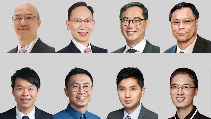 Recipients of the Outstanding PolyU Alumni Award 2022: (upper row, from left) Ir Dr Goman Ho Wai-ming, Mr Peter Lam Wing-chap, Ir Ricky Lau Chun-kit, Prof. Edman Tsang Shik-chi; and recipients of the Outstanding PolyU Young Alumni Award 2022: (lower row, from left) Mr Bayern Chui Kin-pong, Mr James O Hing-pong, Dr Gilman Siu Kit-hang, and Dr Bruce Wang Lei.