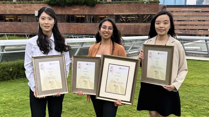 PolyU organises the Outstanding Students Award Scheme annually to award full-time final-year students who excel in both academic and non-academic pursuits during their studies. From left: Fang Jiaying, Shah Muskan Sunish, Chan Lian