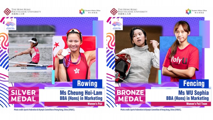 Big cheers for PolyU student-athletes Cheung Hoi-lam (left) and Sophia Wu (right)