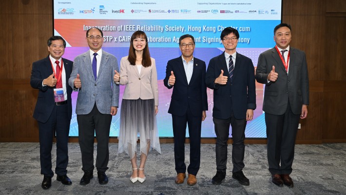 The inauguration of IEEE RSHK was officiated by (from left to right): Ms Lillian Cheong, Under Secretary for Innovation, Technology and Industry of the HKSAR (3rd from left), Mr Andy Wong, Head of Innovation and Technology, Invest Hong Kong (1st from right), Mr Albert Wong, CEO of HKSTP (3rd from right), Prof. Wing-Tak Wong, Deputy President and Provost of PolyU (2nd from left),Prof. Kenneth KY Wong, Chair, IEEE Hong Kong Section and Head of EEE Department of HKU (2nd from right) and Prof. Winco Yung, Centre Director and Executive Director of CAiRS (1st from left)