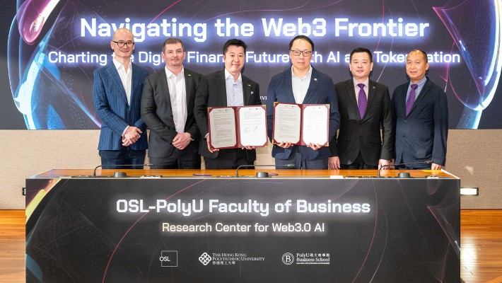 Witnessed by Prof. Ben Young, PolyU Vice President (Student and Global Affairs) (2nd from right); Prof. Mike Lai, Associate Dean (Academic Support) and Chair Professor of Shipping and Logistics of FB (1st from right); Mr Dave Chapman, Co- Founder, of OSL (2nd from left); and Mr Gary Tiu, Executive Director and Head of Regulatory Affairs of OSL(1st from left), the agreement was signed by Prof. Brian Kei, Director of the OSL-PolyU Faculty of Business Research Centre for Web 3.0 AI and Professor of Practice (Fintech) of PolyU School of Accounting and Finance (3rd from right), and Mr Ken Lo, Deputy Chairman of BC Technology Group (3rd from left).