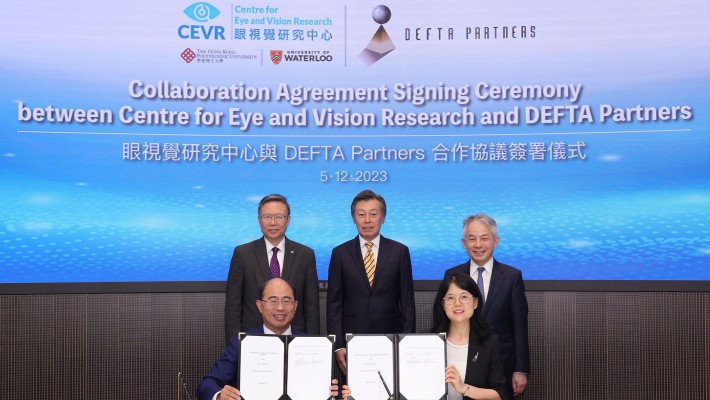 Witnessed by Prof. Jin-Guang Teng, PolyU President (back row, 1st from left), Ambassador Okada Kenichi, Consul-General of Japan in Hong Kong (back row, centre) and Ambassador George Hara, Group Chairman and CEO, DEFTA Partners (back row, 1st from right), the collaboration agreement was signed by Prof. Wing-tak Wong, Chairman of the CEVR Board of Directors cum Deputy President and Provost of PolyU (front row, left) and Dr Abby Gao, Director of Investment Research, Deputy Head of DEFTA (front row, right)