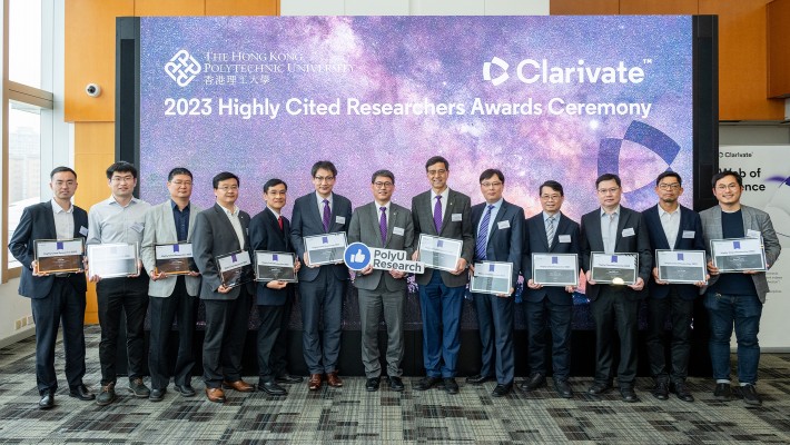Prof. Christopher Chao, PolyU Vice President (Research and Innovation) (centre), and PolyU scholars who have been named as Highly Cited Researchers™ in 2023.