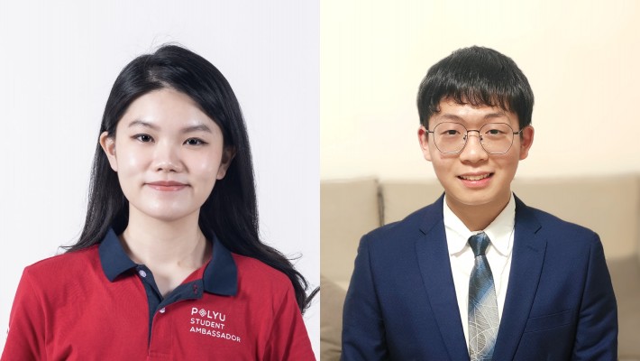 Wong Sze-lam (left) is the recipient of The Most Outstanding PolyU Student Award of the Year. Wang Yanze (right) receives the President’s Distinguished Student Leadership Award.