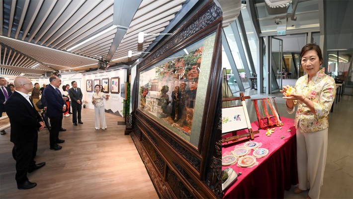 Ms Zou Shengzhu, Senior Arts and Crafts Artist of Zhejiang Industry and Trade Vocational College and Zhejiang Arts and Crafts Master, introduced the Ou embroidery exhibits in a guided tour during the PolyU Chinese Culture Festival.
