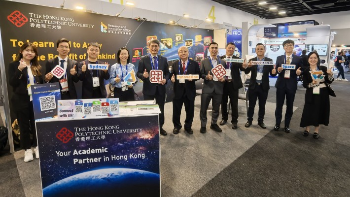 PolyU showcased nine cutting-edge space research projects at the International Astronautical Congress this year. Prof. Christopher Chao (5th from left), Prof. Yung Kai-leung (6th from right), and Prof. Christina Wong (4th from left) were joined by other PolyU delegates at the event.
