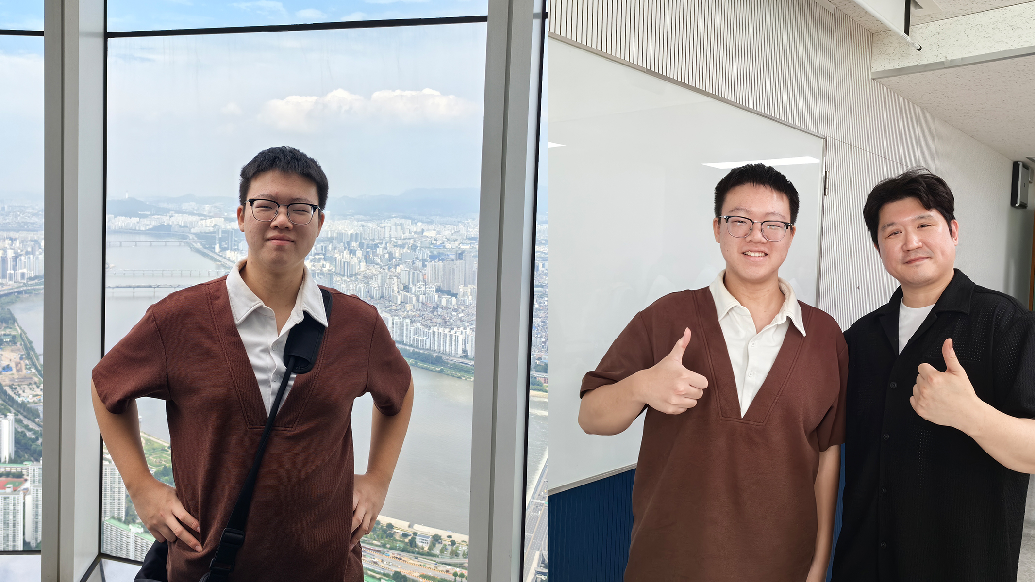 Yolo Ji (left) in the photo on the right and his Korean teacher.