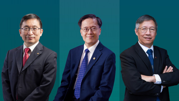 The three distinguished PolyU scholars who received prestigious recognition are Prof. Chai Yang (left), Prof. Raymond Wong Wai-yeung (centre) and Prof. Zhu Ziqiang (right).