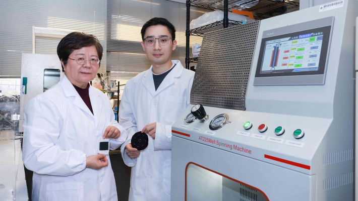 Led by Prof. Tao Xiaoming (left) and Dr Pu Junhong (right), the research team has developed soft magnetorheological textiles that flexibly deform and adjust their mechanical properties under a human-safe magnetic field.