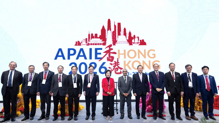 The key highlight of the “Study in Hong Kong” Week was the five-day APAIE 2026 Conference and Exhibition, co-hosted by PolyU and the other seven UGC-funded universities. The event’s opening ceremony was officiated by Dr Choi Yuk-lin, Secretary for Education of the Hong Kong Special Administrative Region of the People’s Republic of China (centre); Prof. Venky Shankararman, President of APAIE (6th from right); Mr Tim Lui, Chairman of the UGC (5th from right); Dr David Wong, Chairman of the Education Commission (5th from left); Prof. James Tang, Secretary-General of the UGC (4th from right); together with Prof. Jin-Guang Teng (2nd from left), and representatives from local universities.