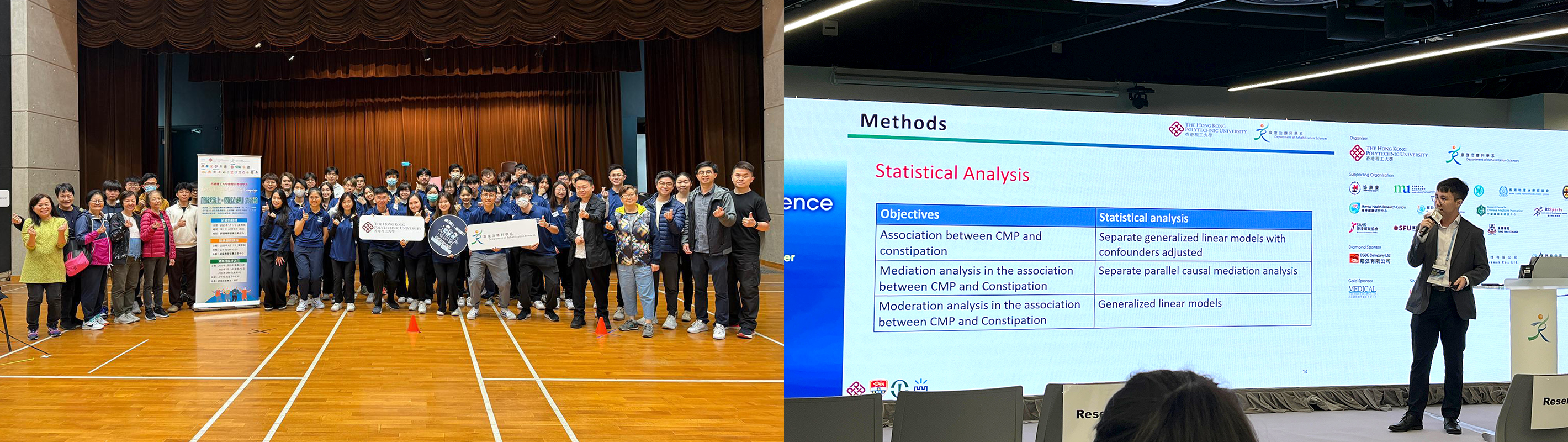Edwin balances academic excellence with active participation in community service, for example, joining the “Better Ageing in Community Campaign” (left photo) and sharing his research paper in the “European Spine Journal” and at international conferences (right photo).