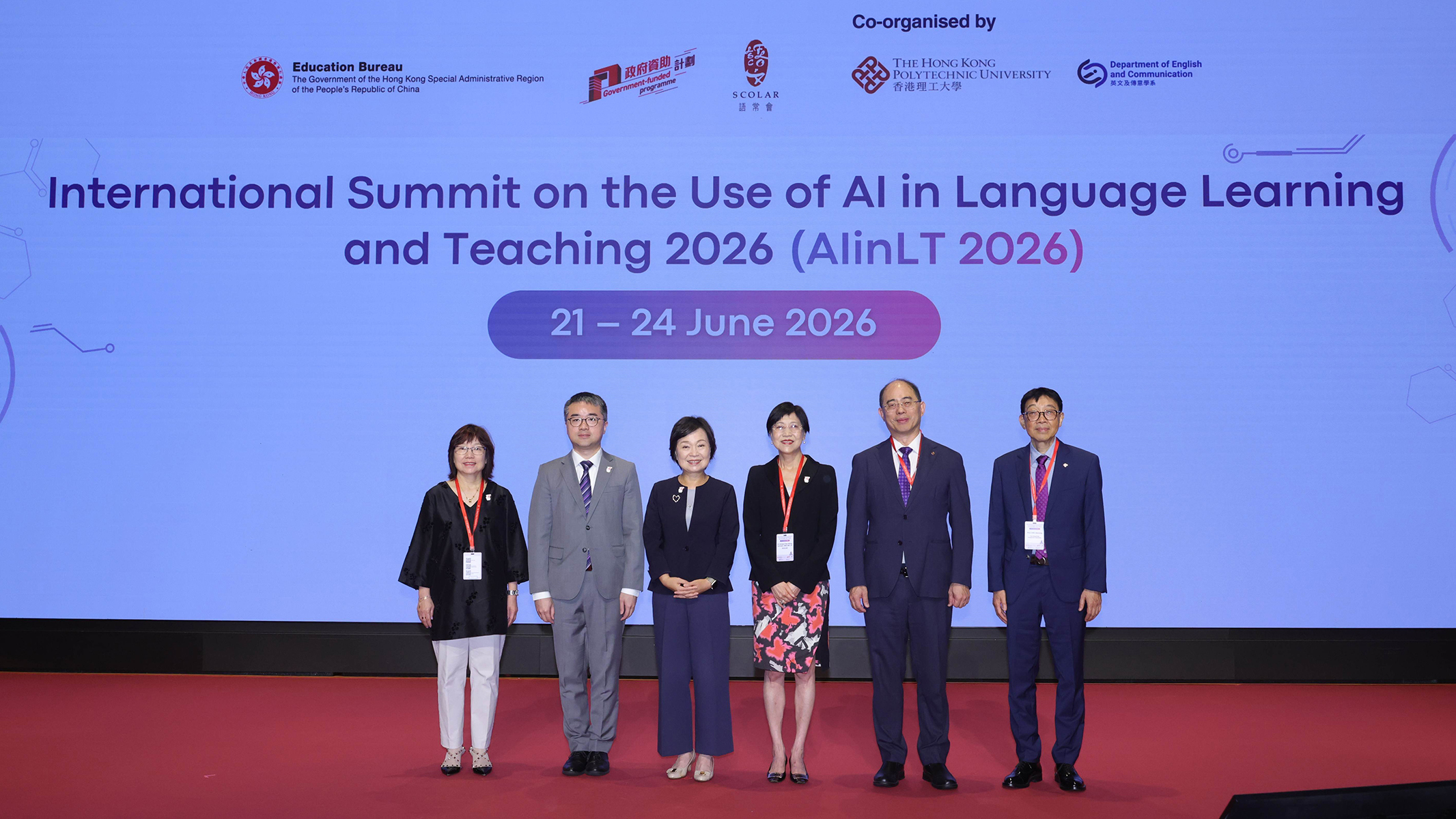 Officiating guests at the opening ceremony of AIinLT 2026, which also marked the opening of the Education Bureau’s Digital Education Week 2026 (from left to right): Dr Gloria Chan, Deputy Secretary for Education of the HKSAR Government; Dr Jeff Sze, Under Secretary for Education of the HKSAR Government and Chairperson of the Steering Committee on Strategic Development of Digital Education; Dr Choi Yuk-lin; Dr Anissa Chan Wong Lai-kuen; Prof. Wong Wing-tak, PolyU Deputy President and Provost; and Prof. Cao Jiannong.