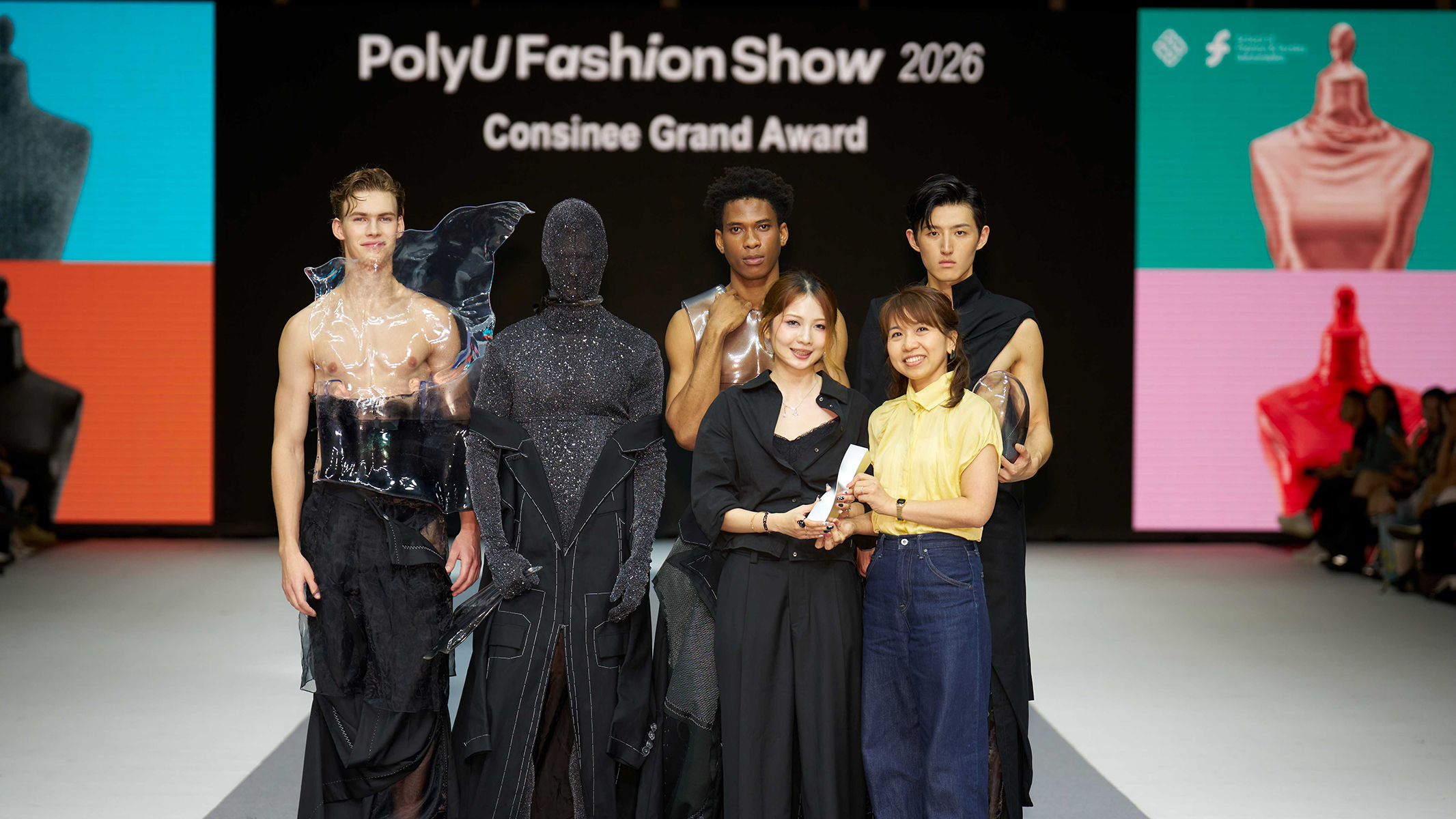 The Consinee Grand Award was won by Cheng Sze-ki, Bella (left, front row) for the collection themed “BETWIXT AND BETWEEN”.