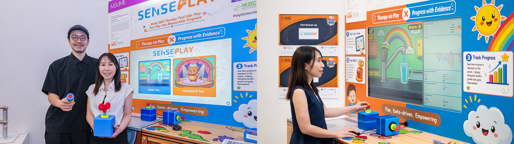 SensePlay, an AI-driven gamification platform developed by Multimedia & Entertainment Technology master's students Ron Siu and Dorothy Cho, supports therapy for children with Special Educational Needs through engaging digital environments.