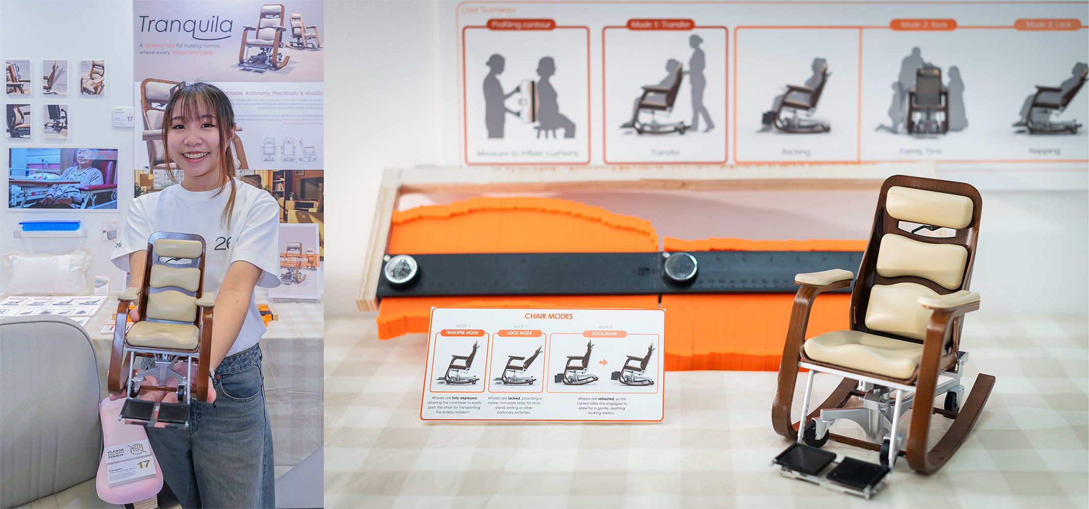 Tranquila, an ergonomic geriatric chair designed by Product Design graduate Sherry Chow, features a medical-grade reclinable system and adaptive cushioning to prevent pressure injuries and support caregivers.