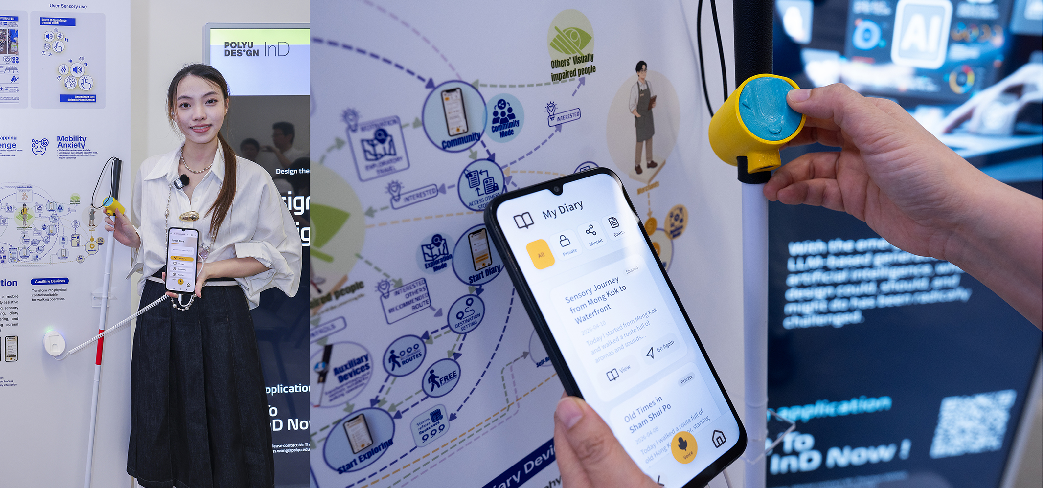 Wincy Lai’s City Sense Diary combines assistive technology and community-crowdsourced data to create an inclusive, multi-sensory navigation platform for visually impaired individuals.