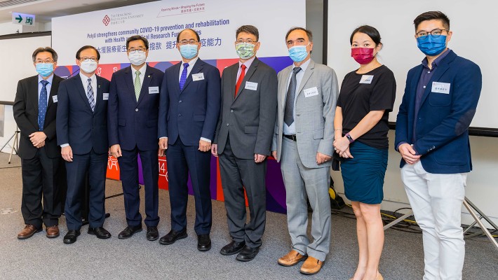 PolyU researchers involved in new and ongoing HMRF studies contribute to better public health measures and responses towards the COVID-19 pandemic. From left: Prof. Yip Shea-ping, Department of Health Technology and Informatics; Prof. Man; Prof. Shum; Prof. Wing-tak Wong, Deputy President and Provost; Prof. Christopher Chao, Vice President (Research and Innovation); Prof. Molasiotis; Prof. Elsie Yan, Department of Applied Social Sciences; and Dr Gilman Siu, Department of Health Technology and Informatics.