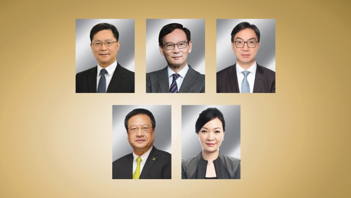 (Upper row from left) The Hon. Alfred Sit Wing-hang, JP, The Hon. Tony Tse Wai-chuen, BBS, JP, Sr Augustine Wong Ho-ming, JP,  (lower row from left) Dr Alex Wong Siu-wah, Ms Mary Yu Wah