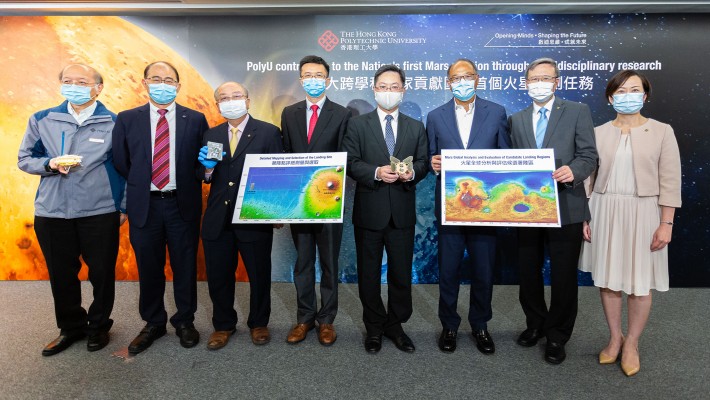 Attending the press briefing were (from left) Dr Robert Tam, Associate Director of Industrial Centre, PolyU; Prof Wing-tak Wong, Deputy President and Provost, PolyU; Prof Yung Kai-leung, Department of Industrial and Systems Engineering, PolyU; Prof Wu Bo, Department of Land Surveying and Geo-Informatics, PolyU; Mr Alfred Sit Wing-hang, Secretary for Innovation and Technology, HKSAR Government; Dr Lam Tai-fai, Chairman of Council, PolyU; Prof Jin-Guang Teng, President, PolyU; and Dr Miranda Lou, Executive Vice President, PolyU.