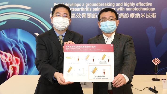 Professor Yang Mo (left) and Dr Wen Chunyi from PolyU’s Department of Biomedical Engineering led a team to develop a groundbreaking and highly effective targeted osteoarthritis pain reliever.