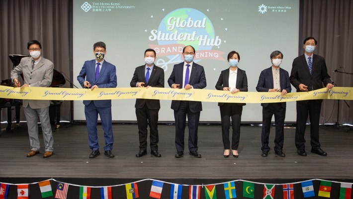 Present at the grand opening ceremony were (from right) Professor Daniel Shek, Associate Vice President (Undergraduate Programme), Professor Kwok-yin Wong, Vice President (Education), Dr Miranda Lou, Executive Vice President, Professor Wing-tak Wong, Deputy President and Provost, Professor Ben Young, Vice President (Student and International Affairs), Professor Christopher Chao, Vice President (Research and Innovation), and Professor Albert Chan, Dean of Students.