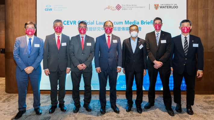 Guests of Honour celebrate the launch of CEVR: (from left) Prof. David Shum, Dean of Faculty of Health and Social Science, PolyU; Prof. Chi-ho To, COO and Deputy Scientific Director, CEVR; Prof. Christopher Chao, Vice President (Research and Innovation), PolyU; Prof. WT Wong, Deputy President and Provost, PolyU; Mr Albert Wong, Chief Executive Officer, HKSTP; Prof. Ben Thompson, CEO and Scientific Director, CEVR; and Prof. Larry Chow, Director of Research and Innovation, PolyU.